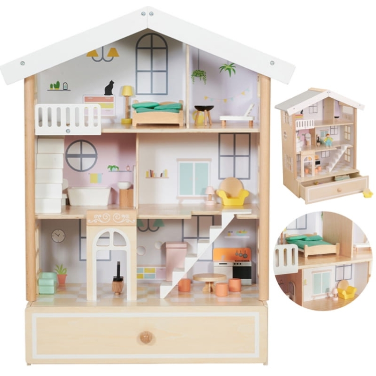 Classic World Duży Drewniany Domek dla Lalek 2 Figurki NATURALNE DREWNO 28 el..jpg