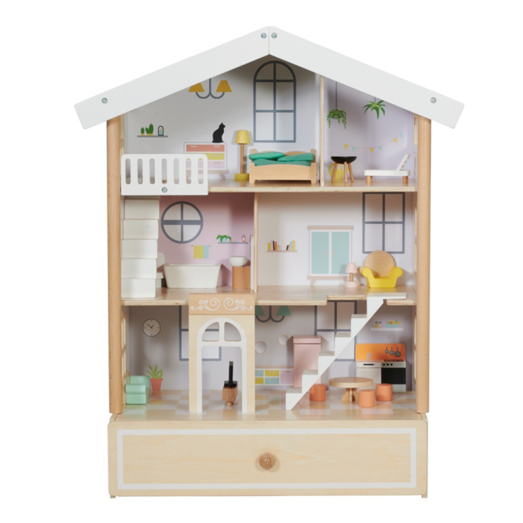 Classic World Duży Drewniany Domek dla Lalek 2 Figurki NATURALNE DREWNO 28 el._0.png
